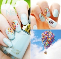 paznokcie, nails, baloniki, wzór, niebo, błękitne, kolorowa, piękne
