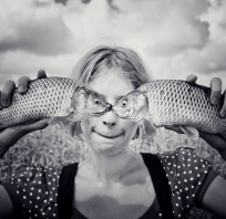 fotografia, śmieszna, humor, ryby, oczy, uśmiech, człowiek