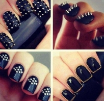 paznokcie, glam, styl, kolce, nity, czarne, cekiny,kuleczki