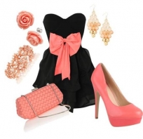 buty, sukienka, biżuteria, czerń, brzoskwinia, piękne, kolory, girl, woman