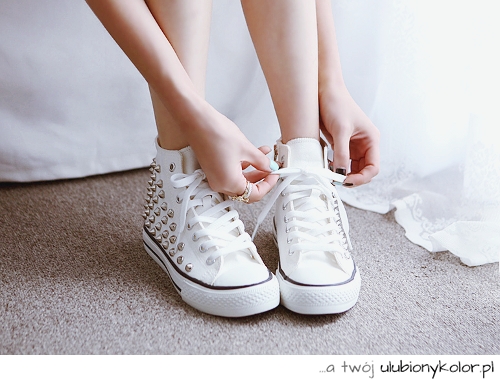 trampki, convers, love, białe, ćwieki