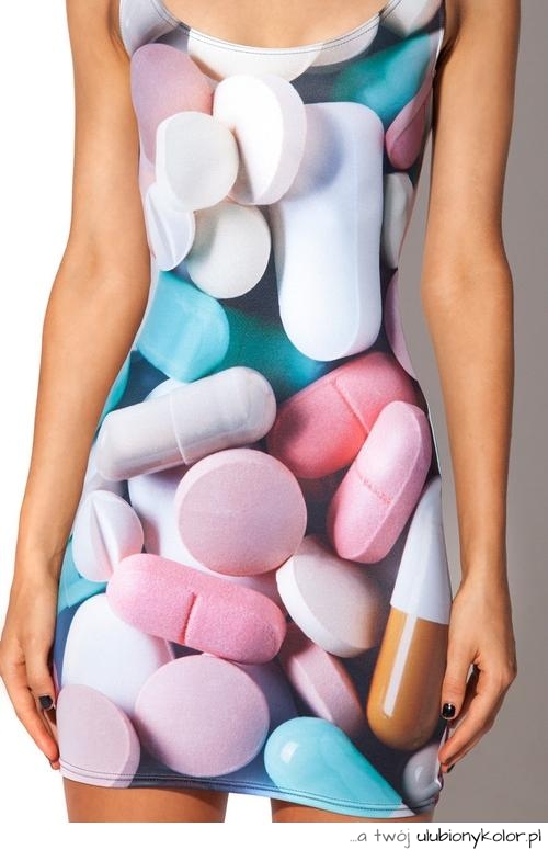 sukienka, pigułki, leki, kobieta, ciekawa, moda, styl, drugs