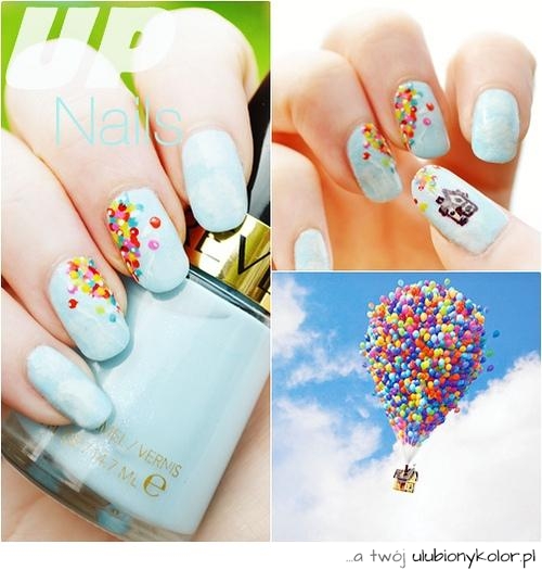 paznokcie, nails, baloniki, wzór, niebo, błękitne, kolorowa, piękne