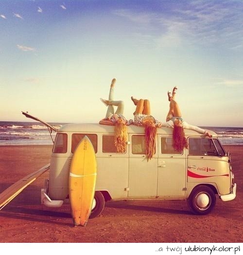 przyjaciele, plaża, deska, morze, ocean, van, dziewczyny, blondynka, brunetka, sexy