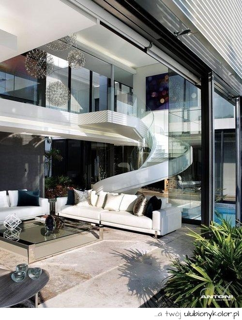 architektura, wnętrza, futurystyczne, nowoczesne, schody, salon, jasne