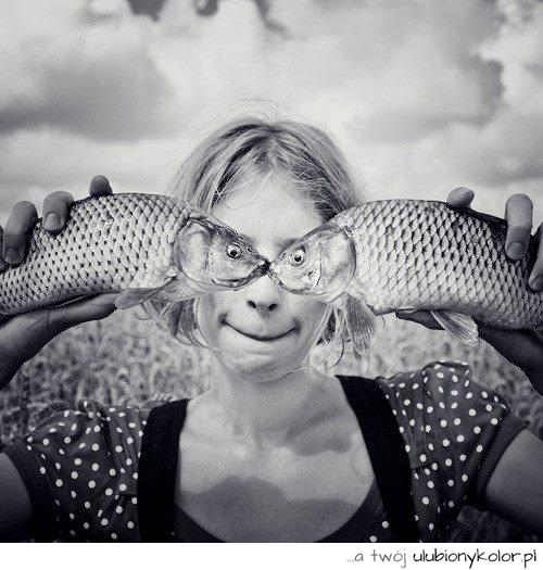 fotografia, śmieszna, humor, ryby, oczy, uśmiech, człowiek