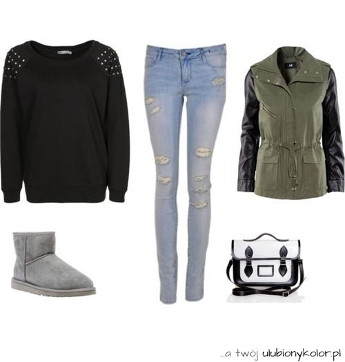 kurtka, bluza, ćwieki, skóra, jeansy, emu, torba, zestaw