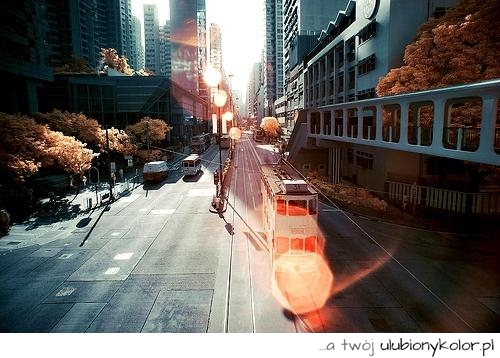 zdjęcie, cudaczne, miasto, tramwaje, promyki, słońce, futurystyczne