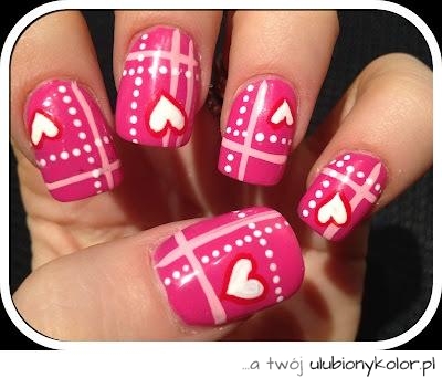 nails, paznokcie, różowe, biel, serca, love, trendy, wzorki