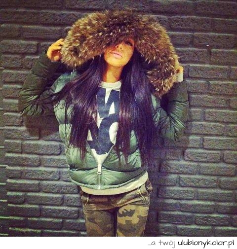 zima, kurtka, spodnie, moro, zielenie, girl, look, fashion