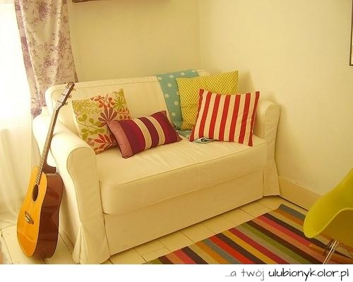 kanapa, gitara, poduszki, kolorowe, piękna, biała, home, decore