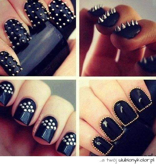 paznokcie, glam, styl, kolce, nity, czarne, cekiny,kuleczki
