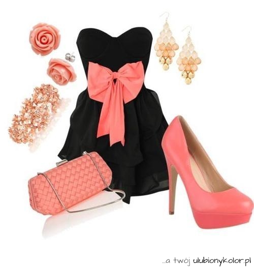 buty, sukienka, biżuteria, czerń, brzoskwinia, piękne, kolory, girl, woman